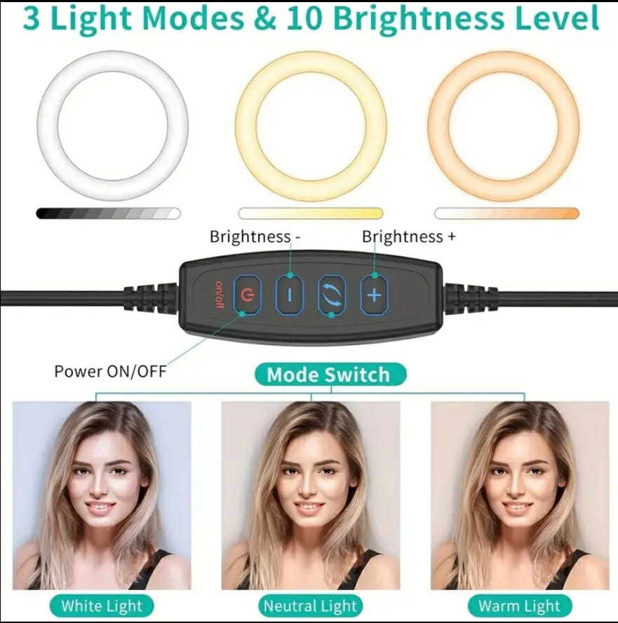 10.0-Inch Round LED Ring Light Set with Adjustable Desktop Tripod